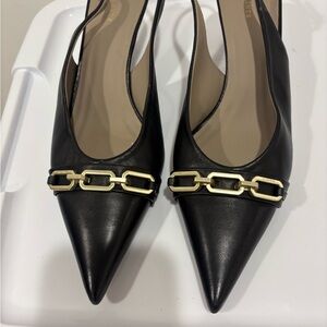 All Saints Black Pointed Slingback Pumps with Gold Chain Detail